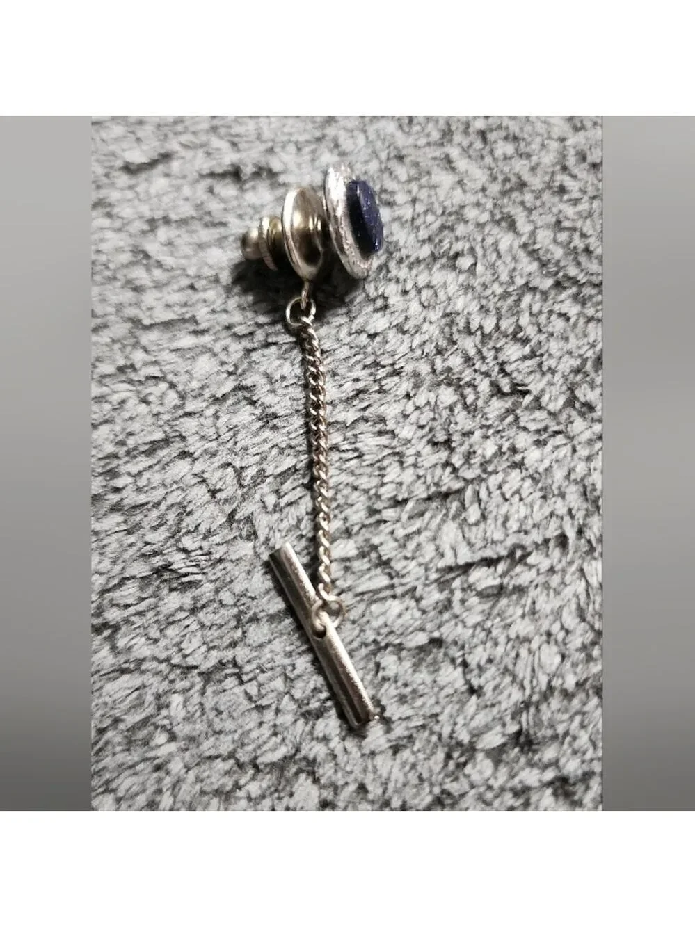 Vintage Silvertone Blue Goldstone Tie Tac with Chain